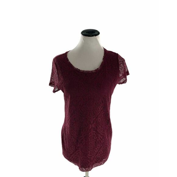 Van Heusen Shirt Women M Short Sleeve Crewneck Front Lace Casual Preppy Pullover - Picture 1 of 4